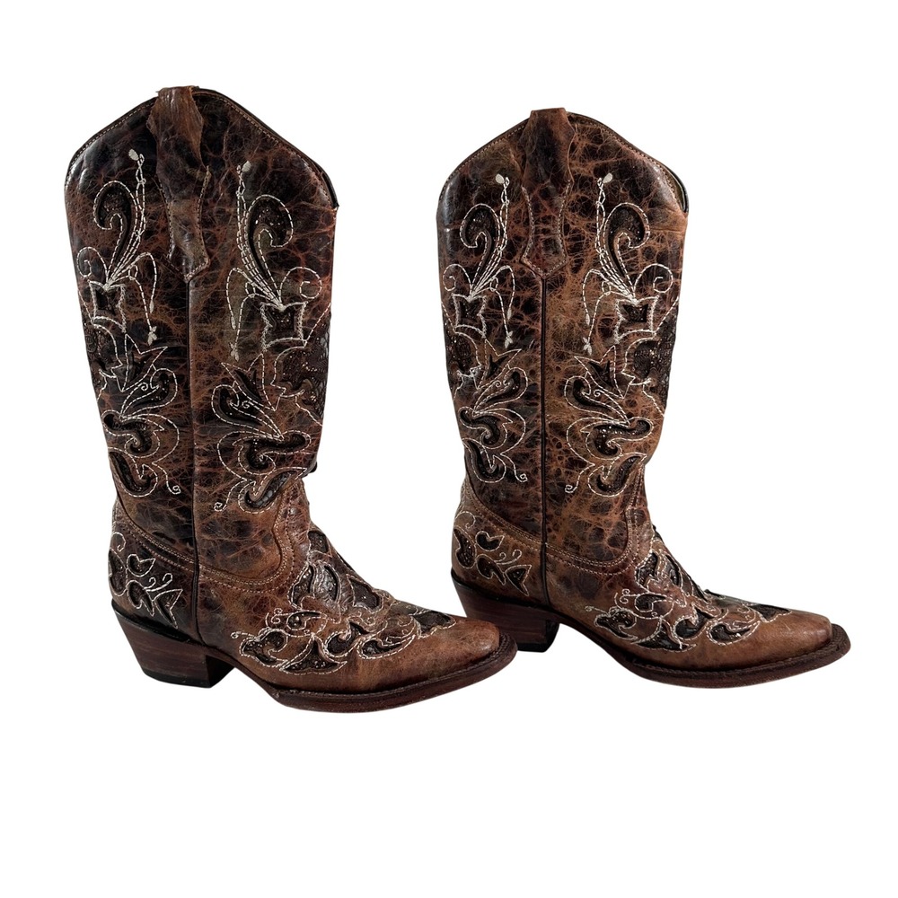 Vintage OK Corral Cowboy Boots Women 7 Brown Leather Embroidered Western Boho 24